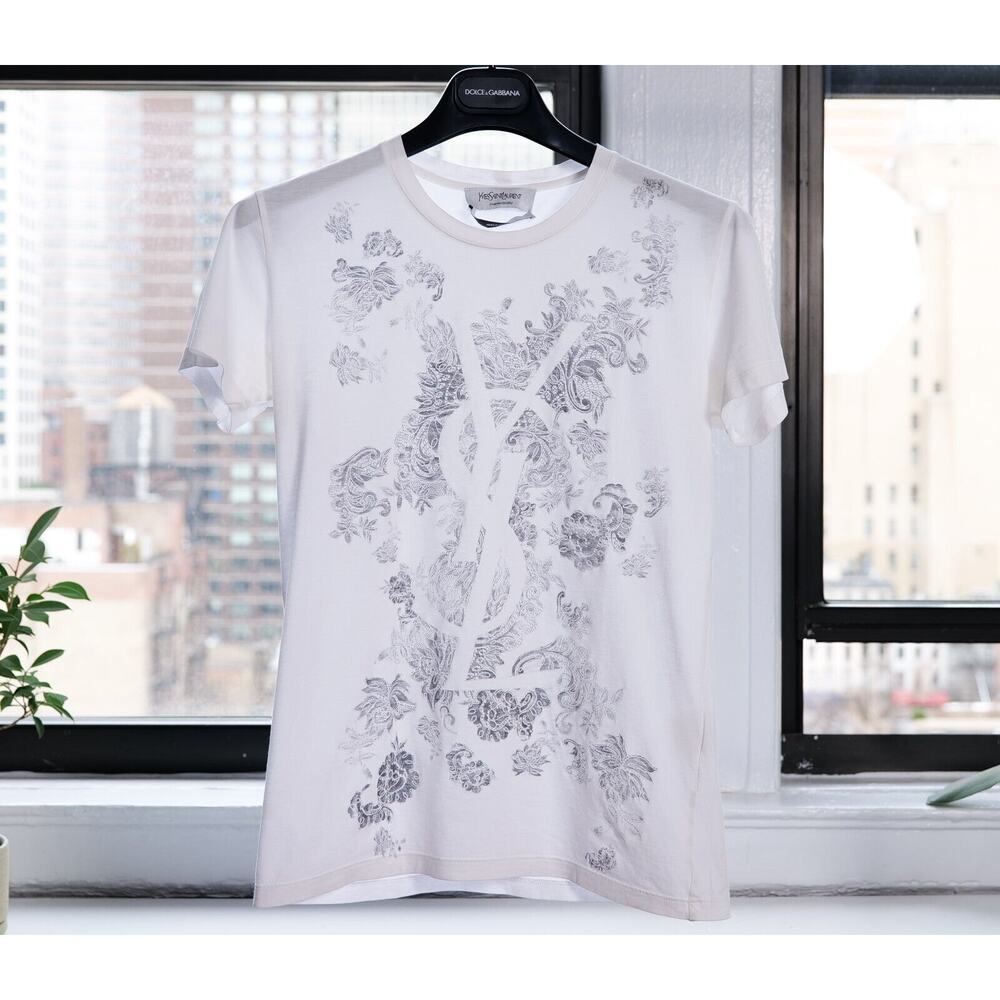 Ysl Yves Saint Laurent Vintage White Logo Floral T-Shirt (Pre-Owned)